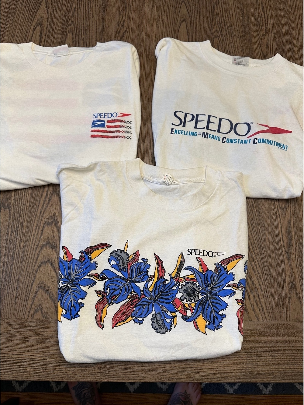 Lot of 3 Vintage Speedo White Graphic T-Shirt with Floral and Swim Prints Size L